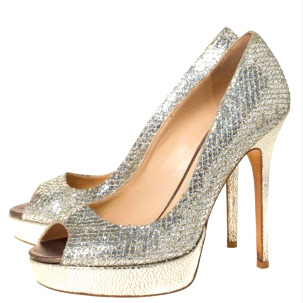 Jimmy Choo champagne glitter dahlia peep toe pumps